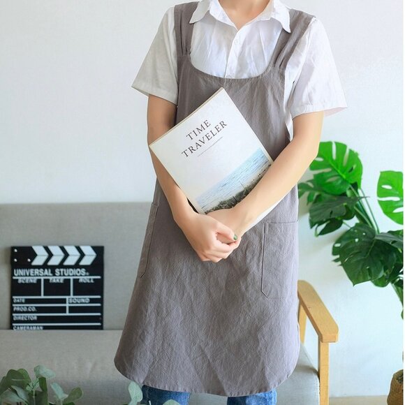 Japanese Apron Halter Cross Back Bandage X Shape Aprons Two Pockets Cotton Linen - Picture 4 of 9